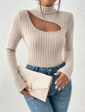 Women's Elegant Mock Neck Cutout Ribbed Long Sleeve T-Shirt Slim Fit Short Top Solid Color Polyester Spandex Knitted Tee for Daily Casual Wear