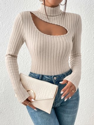 Women's Elegant Mock Neck Cutout Ribbed Long Sleeve T-Shirt Slim Fit Short Top Solid Color Polyester Spandex Knitted Tee for Daily Casual Wear