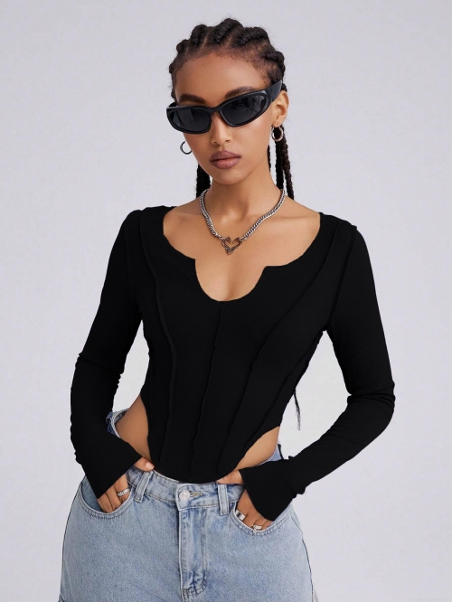 Women's Streetwear Ribbed Long Sleeve Crop Top 95% Polyester 5% Spandex Slim Fit Notch Neck Corset Style Hem T-Shirt Casual Fashion Black T-Shirt