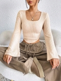 Women's Elegant Square Neck Ribbed Knit T-Shirt Long Flare Sleeve Crop Top Solid Color Polyester Spandex Slim Fit Casual Pullover Top