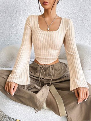 Women's Elegant Square Neck Ribbed Knit T-Shirt Long Flare Sleeve Crop Top Solid Color Polyester Spandex Slim Fit Casual Pullover Top