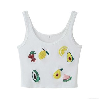 Women Sequin Fruit Embroidery White Ribbed Knit Crop Top Sleeveless Tank Top With Avocado Lemon Watermelon Cherry Patterns For Summer Streetwear Ladies Tops