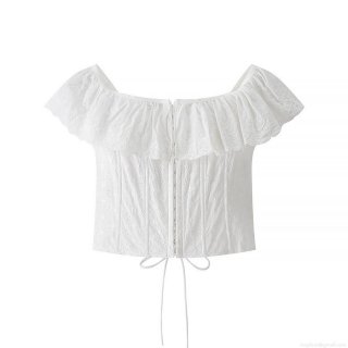 Women Sexy Off Shoulder Camisole Tank Top White Embroidery Eyelet Ruffle Lace-up Slim Fit Short Vest For Summer Vacation Street Style