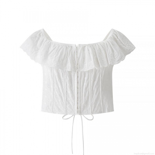 Women Sexy Off Shoulder Camisole Tank Top White Embroidery Eyelet Ruffle Lace-up Slim Fit Short Vest For Summer Vacation Street Style