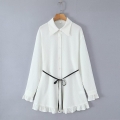 Women's Long Sleeve Button Down Shirt Polyester Spliced Ruffle Hem Blouse With Belt Solid Color Lapel Collar Autumn Tops Streetwear