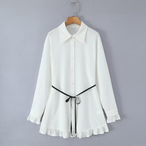 Women's Long Sleeve Button Down Shirt Polyester Spliced Ruffle Hem Blouse With Belt Solid Color Lapel Collar Autumn Tops Streetwear