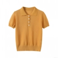 Women's Short Sleeve Knit Polo T-Shirt Solid Color Button Pullover Top Casual Loose Polyester Knit Blouse For Streetwear Daily Clothing