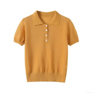 Women's Short Sleeve Knit Polo T-Shirt Solid Color Button Pullover Top Casual Loose Polyester Knit Blouse For Streetwear Daily Clothing