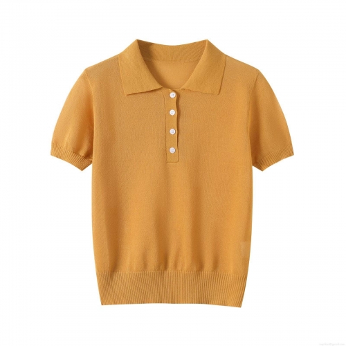 Women's Short Sleeve Knit Polo T-Shirt Solid Color Button Pullover Top Casual Loose Polyester Knit Blouse For Streetwear Daily Clothing