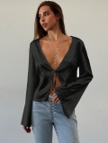 Women's Sexy Satin Blouse 95% Polyester 5% Elastane Long Flare Sleeve Deep V Neck Tie Front Wrap Top Solid Color Loose Fit Satin Shirt For Party Club Date Night