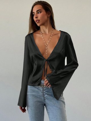 Women's Sexy Satin Blouse 95% Polyester 5% Elastane Long Flare Sleeve Deep V Neck Tie Front Wrap Top Solid Color Loose Fit Satin Shirt For Party Club Date Night