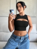Women's Sexy Cut-Out Tank Top Polyester Elastane Round Neck Sleeveless Slim Fit Crop Top Solid Black Streetwear Clubwear Camisole For Women