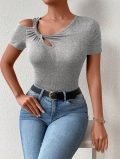 Women's Asymmetric Slant Neck T-Shirt Hollow Out Twist Shoulder Knit Short Sleeve Crop Top Slim Fit Summer Casual Grey Tee