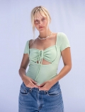 Sexy Hollow Out Drawstring Ruched Crop Top Rib Knit Polyester Elastane Short Sleeve Square Neck Slim Fit Summer Streetwear Party Club Daily Women's Fashion Chic Mint Green Tee
