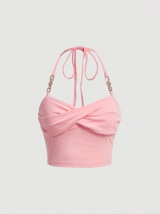 Women Sexy Halter Tank Top Pink Polyester Elastane Twist Front Backless Cami With Rhinestone Heart Metal Chain For Summer Party Vacation Slim Fit Crop Top