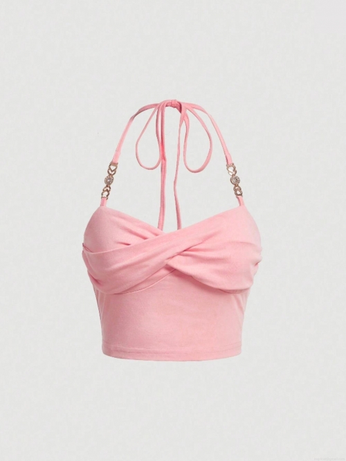 Women Sexy Halter Tank Top Pink Polyester Elastane Twist Front Backless Cami With Rhinestone Heart Metal Chain For Summer Party Vacation Slim Fit Crop Top