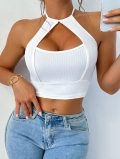 Women Sexy White Halter Ribbed Knit Crop Top Sleeveless Cut Out Chest Tank Top Slim Fit Summer Casual Ribbed Clubwear For Ladies