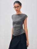 Women's Elegant Sleeveless T-Shirt Cotton Elastane Blend Slim Fit Ruched Side Boat Neck Top Solid Color Dark Grey Commuter Fashion Tee
