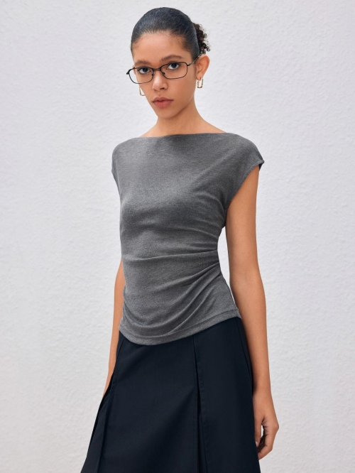 Women's Elegant Sleeveless T-Shirt Cotton Elastane Blend Slim Fit Ruched Side Boat Neck Top Solid Color Dark Grey Commuter Fashion Tee