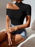 Women's Sexy One Shoulder Cut-out T-Shirt Ribbed Knit Slim Fit Cropped Top 93% Polyester 7% Elastane Short Sleeve Summer Streetwear Tee