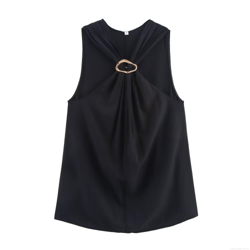 Women's Sleeveless T-Shirt Round Neck Solid Color Top With Irregular Golden Metal Ring Decoration Mid-Length Elegant Streetwear Tank Top For Daily Dating