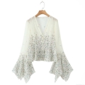 Women's Floral Print Chiffon Blouse V Neck Flared Sleeve Slim Fit Waist Cinching Long Sleeve Shirt Top Elegant Casual Streetwear Office Lady Cream White