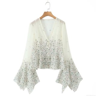 Women's Floral Print Chiffon Blouse V Neck Flared Sleeve Slim Fit Waist Cinching Long Sleeve Shirt Top Elegant Casual Streetwear Office Lady Cream White