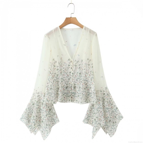 Women's Floral Print Chiffon Blouse V Neck Flared Sleeve Slim Fit Waist Cinching Long Sleeve Shirt Top Elegant Casual Streetwear Office Lady Cream White