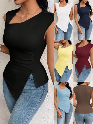 Women's Elegant Asymmetric Neck Sleeveless T-Shirt Summer Solid Color Slim Fit Tank Top With Irregular Hem Polyester Spandex Casual Office Tee