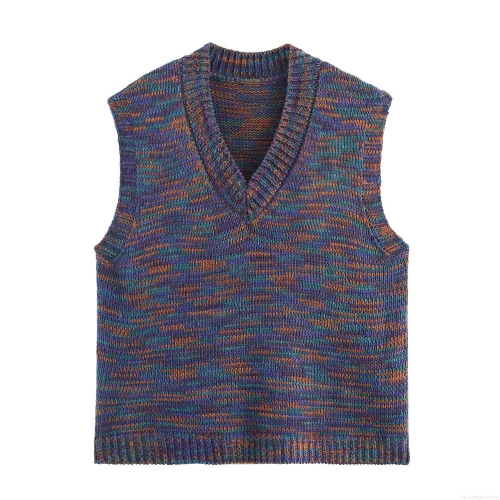 Women's V-Neck Sleeveless Knitted Vest Vintage Multicolor Mixed Yarn Pullover Waistcoat Casual Loose Fit Soft Knitwear Top for Autumn