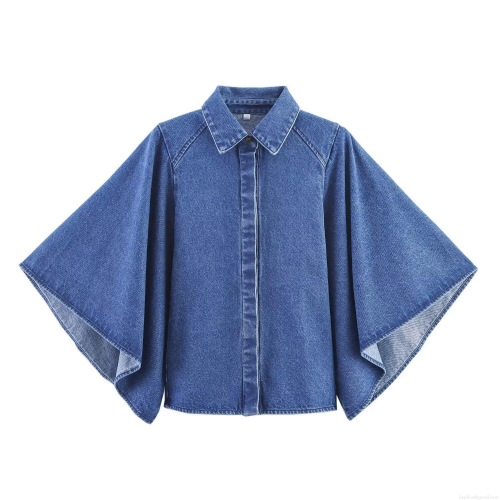 Women's Denim Style Polyester Blouse Autumn Streetwear Turn-down Collar Batwing Sleeve Short Crop Top Button Down Shirt Blue
