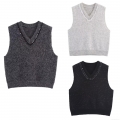 Women's V-Neck Sleeveless Knitted Vest With Sequin Bead Trim Polyester Knit Sweater Tank Top Casual Streetwear Pullover For Autumn Winter