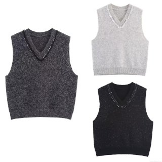 Women's V-Neck Sleeveless Knitted Vest With Sequin Bead Trim Polyester Knit Sweater Tank Top Casual Streetwear Pullover For Autumn Winter