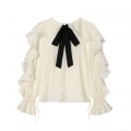 Women's Elegant Contrast Bow Tie Ruffle Blouse Long Sleeve Polyester Shirt Vintage Style Ivory White Top for Daily Party