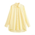 Women's Casual Loose 100% Polyester Shirt Long Sleeve Turn-down Collar Solid Pale Yellow Blouse With Chest Pocket For Daily Commuting Autumn Street Style Top