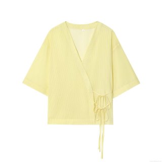 Women Striped V-neck Short Sleeve Kimono Style Shirt Jacket Loose Tie-up Waist Blouse With Bow Detail Light Yellow Polyester Summer Autumn Streetwear Top