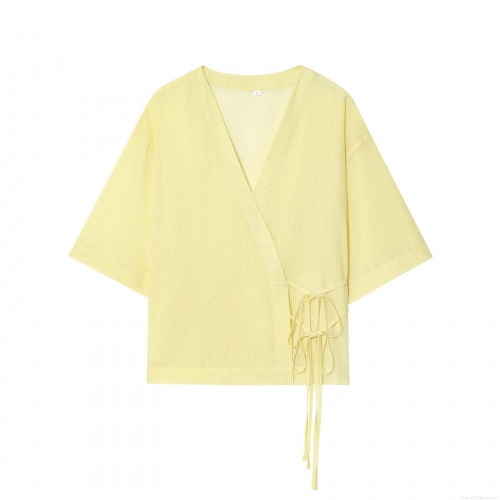 Women Striped V-neck Short Sleeve Kimono Style Shirt Jacket Loose Tie-up Waist Blouse With Bow Detail Light Yellow Polyester Summer Autumn Streetwear Top