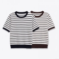 Women Striped Knit T-Shirt Contrast Color Round Neck Short Sleeve Pullover Top Casual Streetwear Ribbed Trim Summer Autumn Knitwear For Ladies