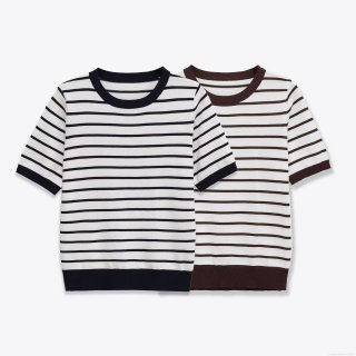 Women Striped Knit T-Shirt Contrast Color Round Neck Short Sleeve Pullover Top Casual Streetwear Ribbed Trim Summer Autumn Knitwear For Ladies