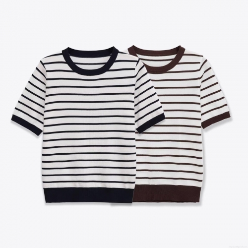 Women Striped Knit T-Shirt Contrast Color Round Neck Short Sleeve Pullover Top Casual Streetwear Ribbed Trim Summer Autumn Knitwear For Ladies