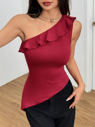 Women's Sexy One Shoulder Ruffle Tank Top 93% Polyester 7% Elastane Slim Fit Asymmetrical Hem Summer Party Dating Chic Wine Red Sleeveless Vest Top