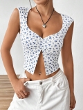 Women's Sweet Floral Sleeveless T-Shirt Crop Top Sexy V-Neck Ruched Split Hem Summer Casual Slim Fit Y2K Top Polyester Elastane