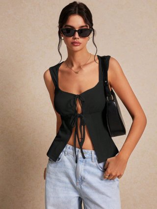 Women's Sexy Tie Front Sleeveless Tank Top Polyester Elastane Blend Slim Fit Solid Color Hollow Out Summer Camisole Top For Women Casual Dating