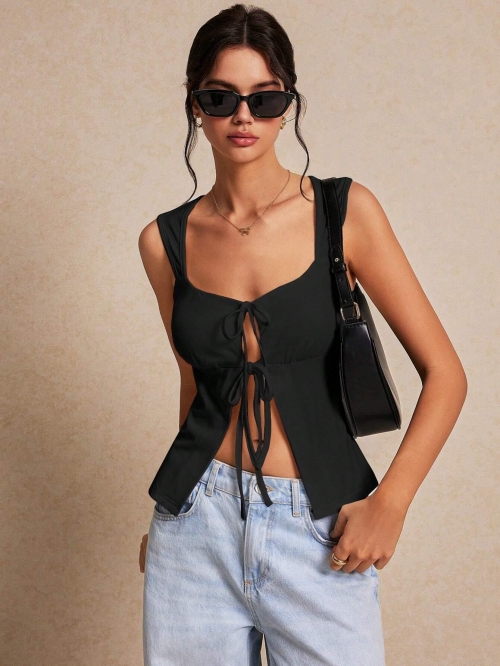Women's Sexy Tie Front Sleeveless Tank Top Polyester Elastane Blend Slim Fit Solid Color Hollow Out Summer Camisole Top For Women Casual Dating