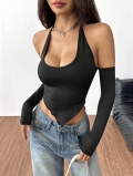Women Sexy Black Halter Crop Top with Detachable Long Sleeve Shrug Two-Piece Set Backless Slim Fit Streetwear Aesthetic Polyester Elastane Top