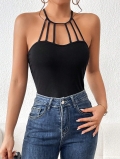 Women Sexy Halter Backless Cut Out Crop Top Polyester Elastane Slim Fit Solid Black Streetwear Summer Sleeveless Tee For Dating Party