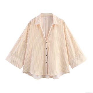 Women's Loose Striped Long Sleeve Lapel Shirt Button Down Polyester Blouse Casual Oversized Streetwear Autumn Top For Daily Wear Yellow White