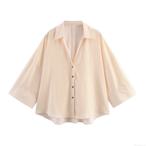 Women's Loose Striped Long Sleeve Lapel Shirt Button Down Polyester Blouse Casual Oversized Streetwear Autumn Top For Daily Wear Yellow White