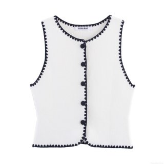 Women's Knit Vest Scalloped Contrast Trim Button Down Sleeveless Sweater Round Neck Casual Streetwear Polyester Waistcoat Autumn Fashion Top