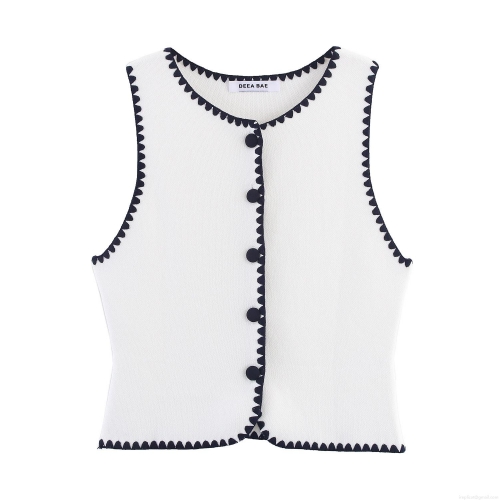 Women's Knit Vest Scalloped Contrast Trim Button Down Sleeveless Sweater Round Neck Casual Streetwear Polyester Waistcoat Autumn Fashion Top
